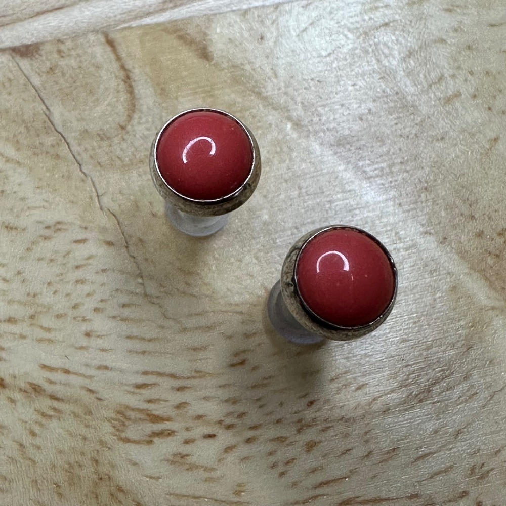 Sterling Silver Bezel Set Red Coral Stud Earrings 925 Gemstone - Picture 2 of 5